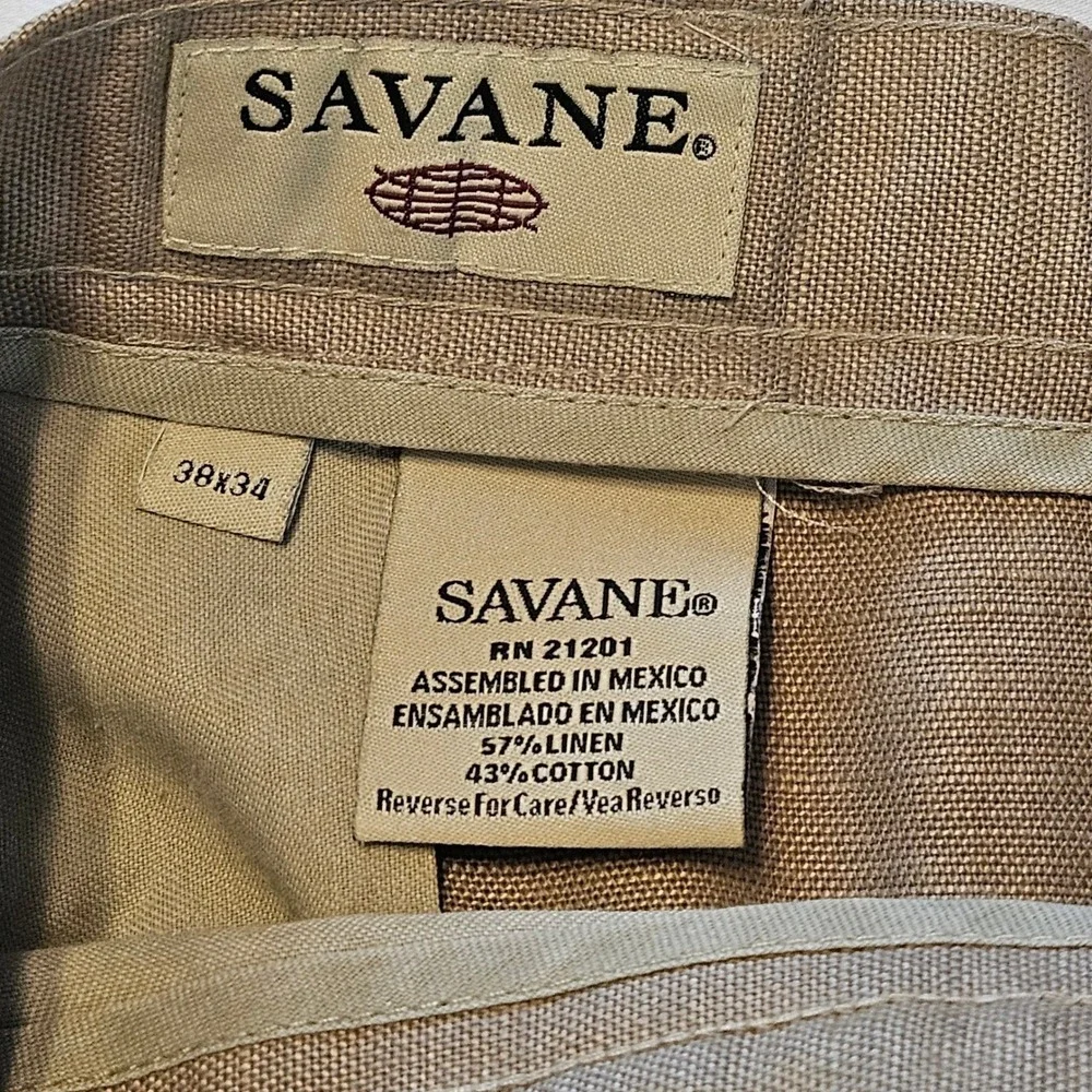 Savane Mens Tan‎ Linen Cotton Blend Flat Front Dress Pants Khaki 38x34 RN 21201